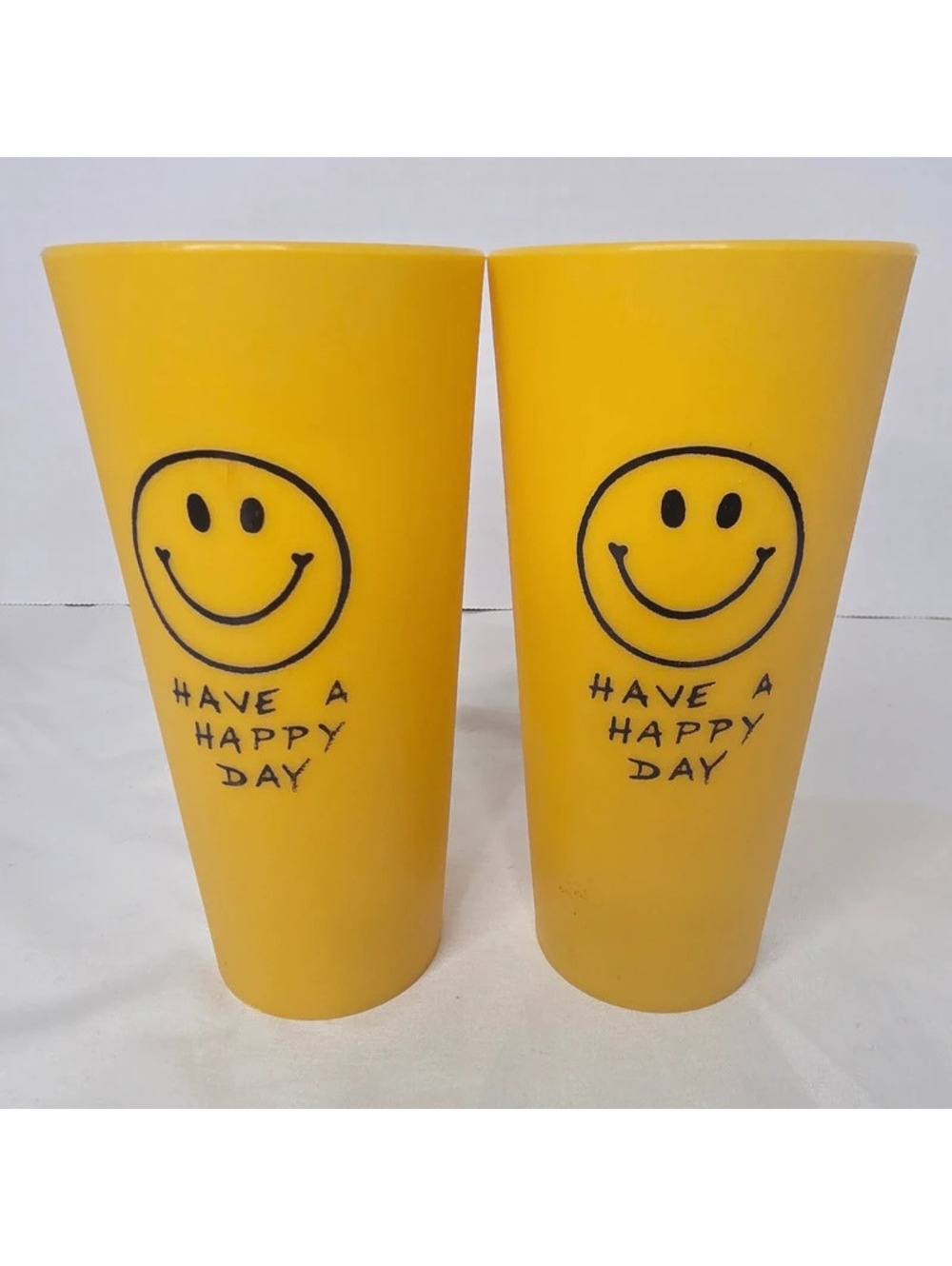 Vintage Have A Happy Day Smiley Face Plastic Tumblers Set of 2 Retro 1970s Rare